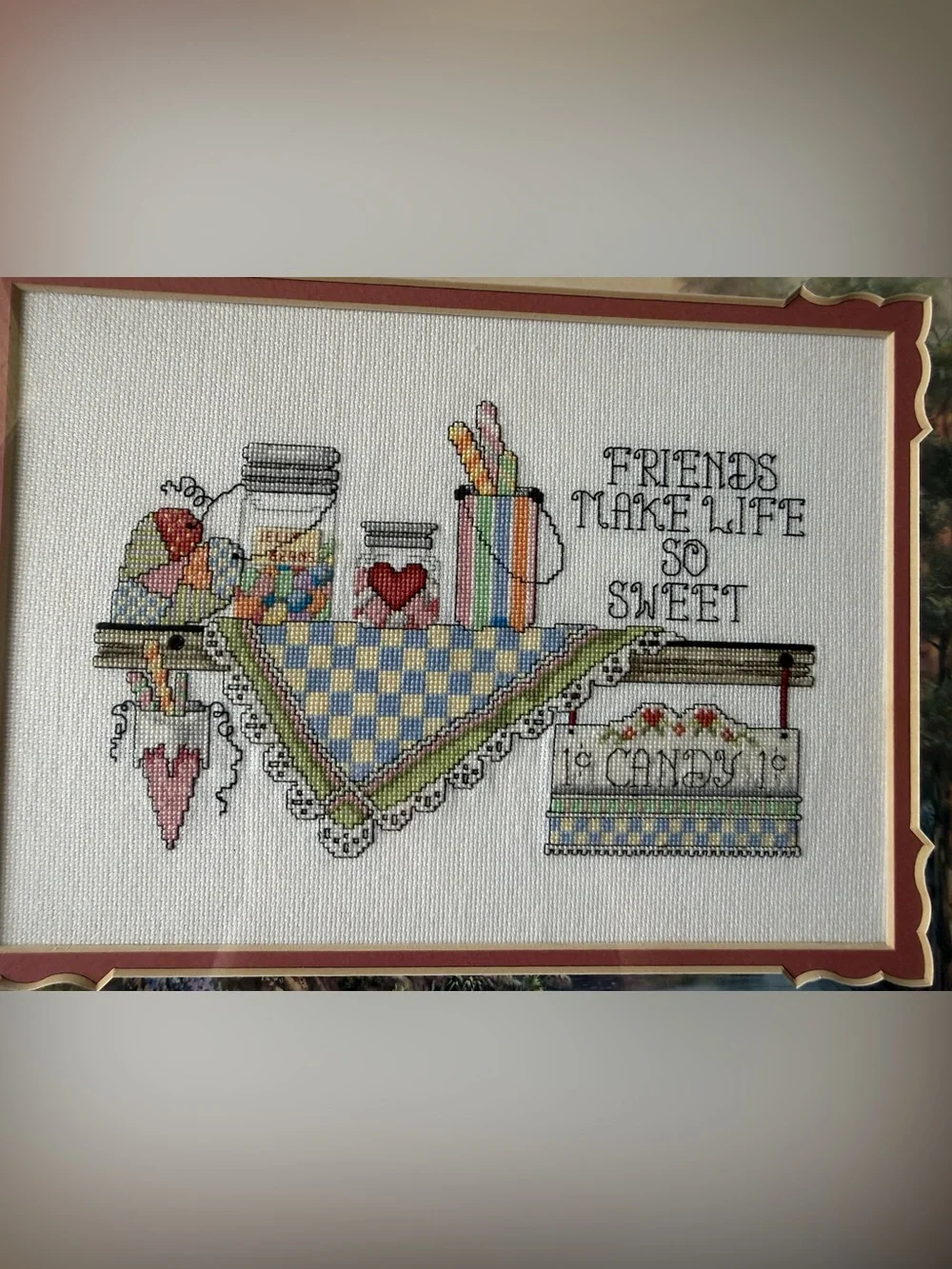 VTG Friends Candy Sweet Kitchen Cross-Stitch Wall Art Embroidery Framed